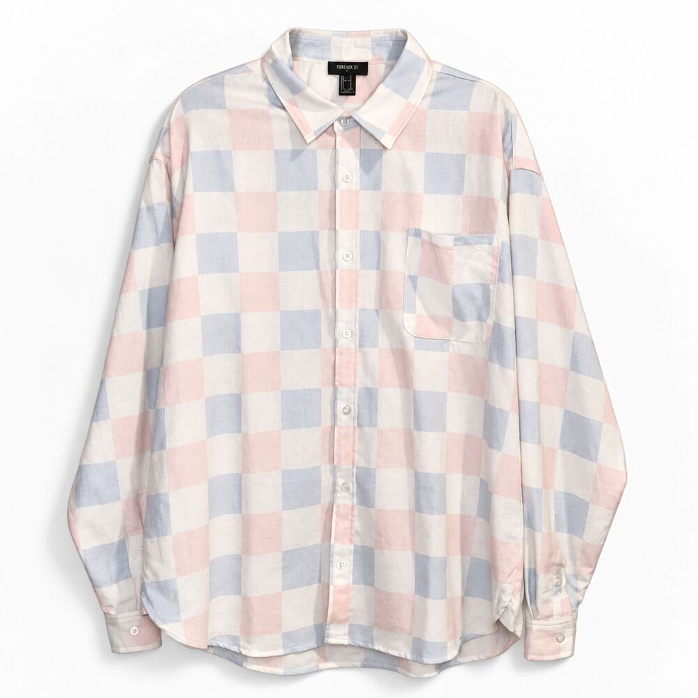 Forever 21 Men’s Large Pastel Plaid Oversized Button-Up Shirt Pink Blue NWOT